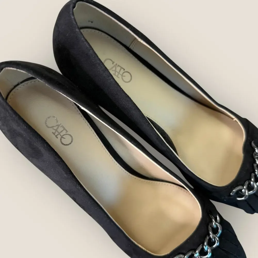 Cato Black Faux Suede Block Heel Pumps Shoes Women Size 9M Slip On Chain Link